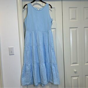 J. Crew 100% Cotton Guaze Light Blue Belted Sleeveless Tiered Midi Dress Size 6